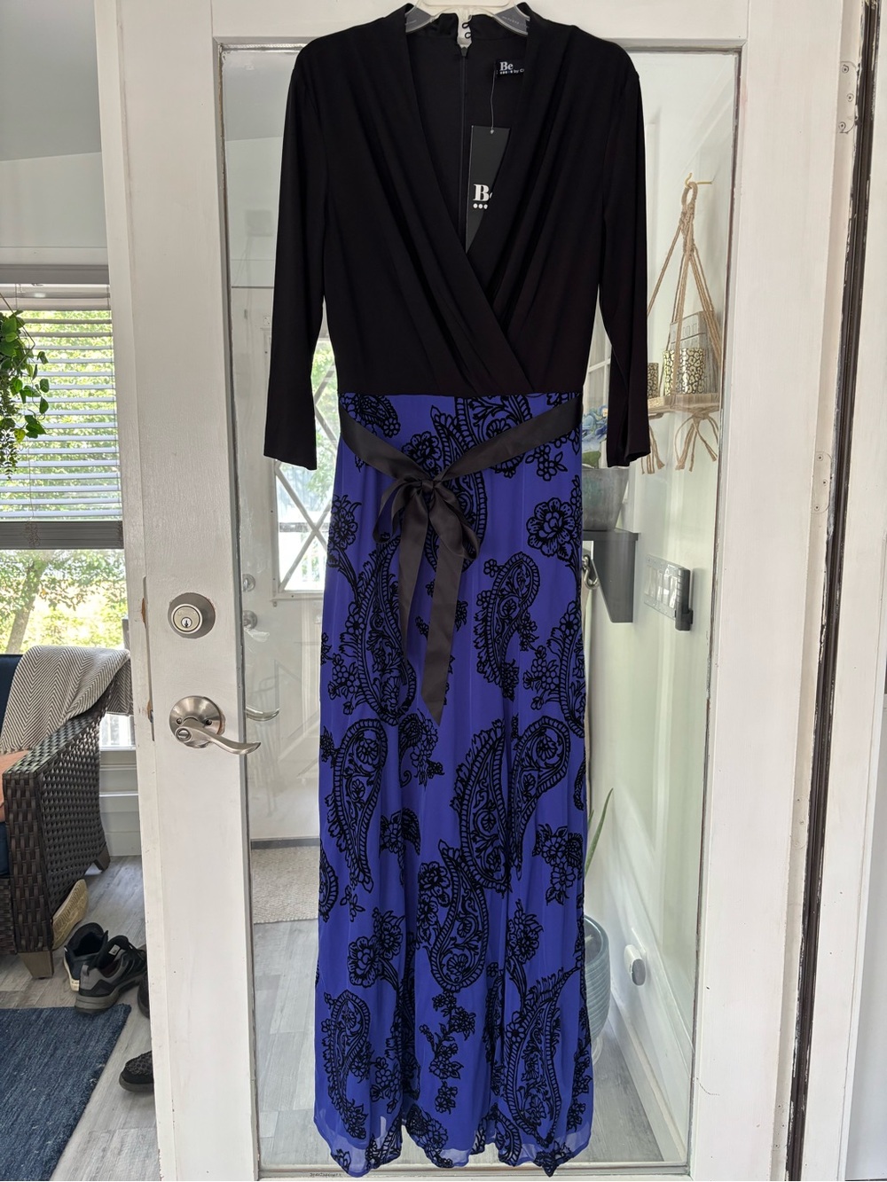 Chetta B Black & Royal Blue Paisley Wrap Maxi Dress with Satin Waist Tie